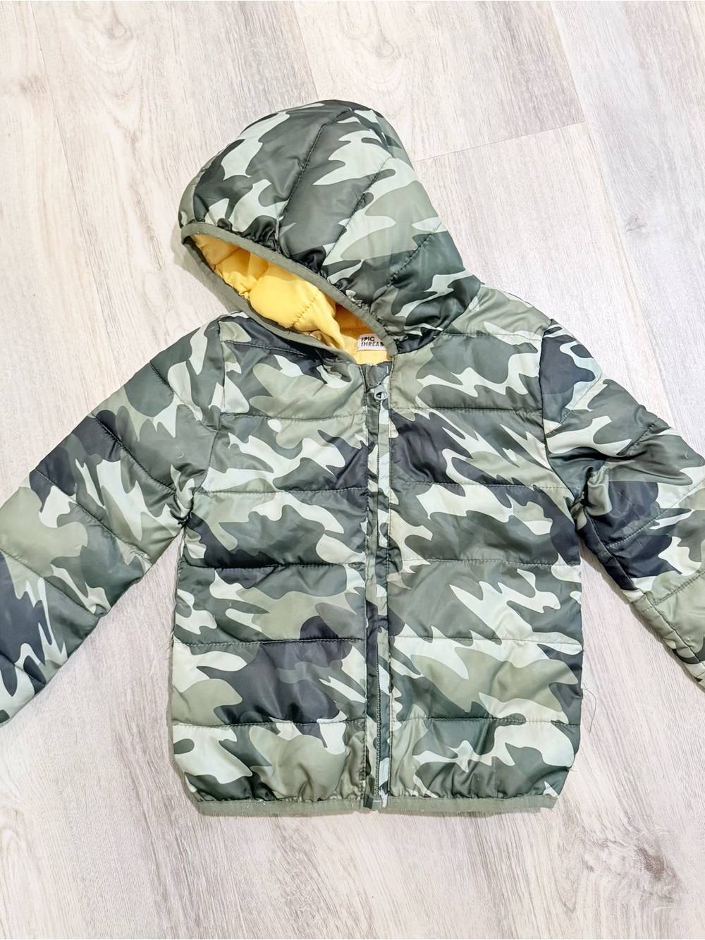 Epic Threads Green Camo Lightweight Hooded Puffer Jacket with Yellow Lining 3T